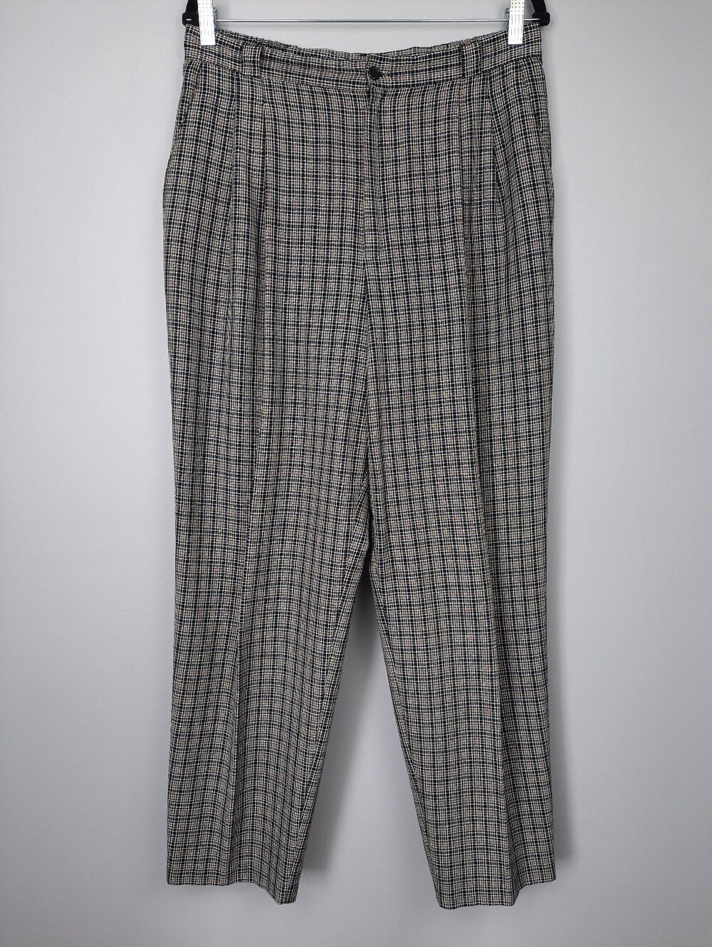 Vintage Ultra High Rise Pleated Black White and Tan Plaid Trousers size 16